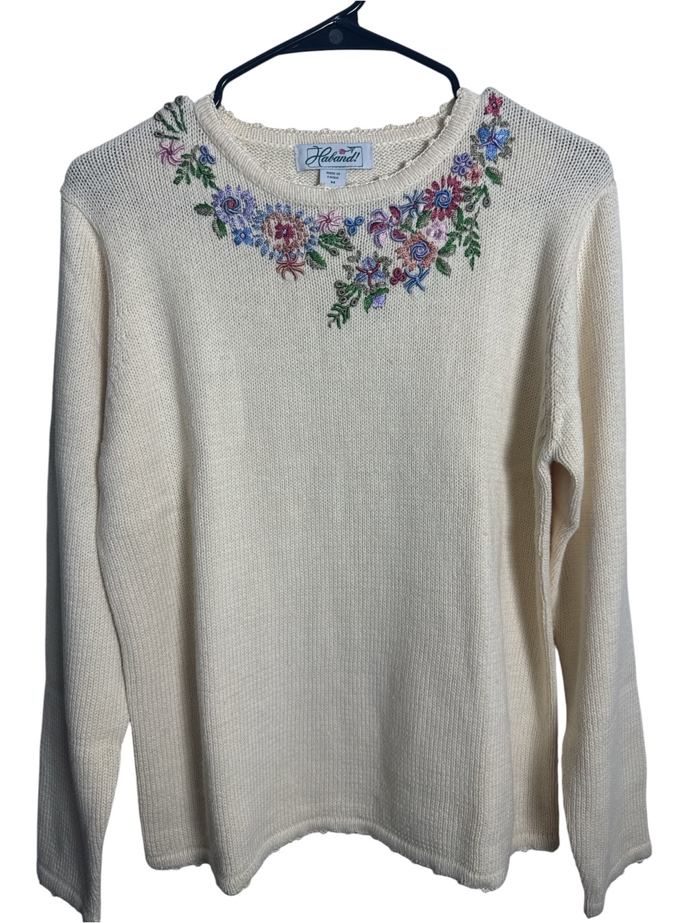 Haband Ivory Floral Embroidered Crewneck Sweater Women's Medium Cottagecore